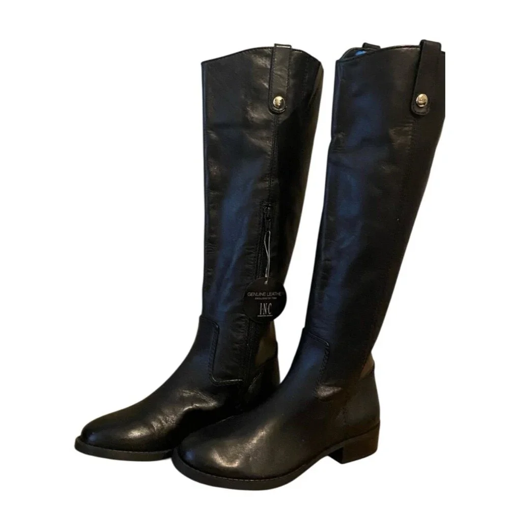 INC International Concepts Women's Fawne Black Leather Riding Boots NWOB Size 5